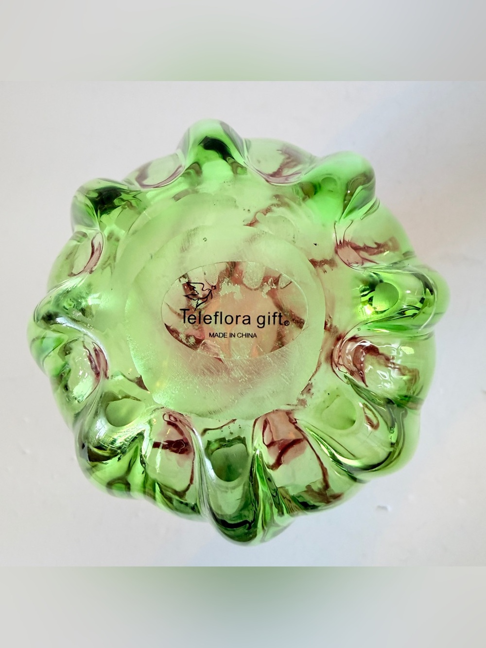 Vintage Teleflora Watermelon Swirl Hand Blown Art Glass Vase Ruffled - Picture 9 of 11